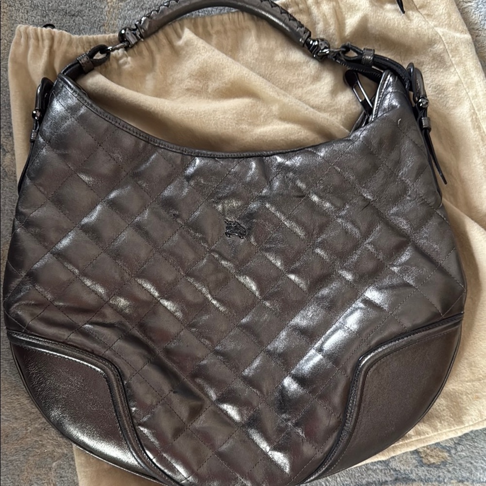 Burberry Metallic Quilted Hoxton darker bronze silver Leather Hobo Bag